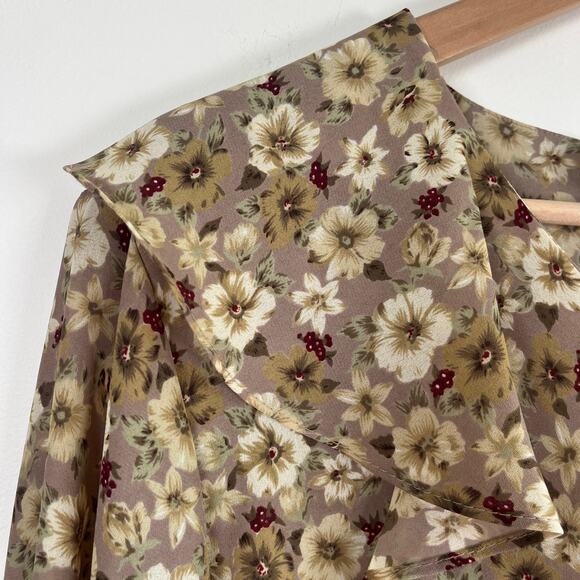 Vintage Try 1 Floral Ruffle Peasant Blouse Pearl Button Beige Brown USA Size M - Picture 11 of 11